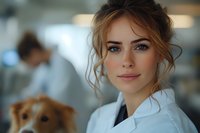 Young female veterinarian with upswept brown hair and blue eyes wearing white medical coat smiles warmly while caring for ginger dog patient in modern clinic setting.