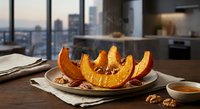 Roasted pumpkin slices with nuts and cranberries on plate in modern kitchen with city skyline view during sunset creating warm autumn dining atmosphere.