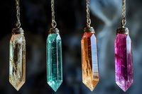 Colorful crystal pendants on chains against dark background - yellow, turquoise, amber and purple healing stones with metallic caps for jewelry making.