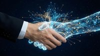 Business handshake with digital technology network connections and glowing data streams representing partnership innovation and futuristic collaboration.