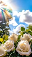 White roses bloom under bright sunlight with dramatic lens flare and fluffy clouds in blue sky, creating romantic garden atmosphere for wedding and celebration designs.