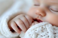 Peaceful sleeping baby close-up with tiny hand grasping soft white knitted blanket. Gentle natural lighting highlights delicate features and innocent expression.