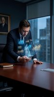 Focused Caucasian businessman in suit analyzing holographic financial charts from smartphone in modern corporate office boardroom.