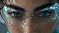Young woman with blue eyes wearing protective safety glasses covered in water droplets, close-up portrait for industrial workplace safety concepts.