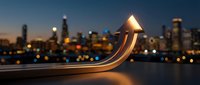 Glowing upward arrow symbolizing financial growth and business success against blurred city skyline at dusk for corporate presentations.