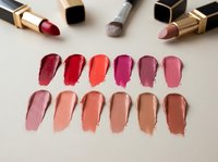 Colorful lipstick swatches in various shades from deep red to nude brown displayed on neutral background with luxury cosmetic products for makeup artistry.