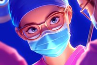 Medical professional wearing surgical mask and glasses in neon blue and pink lighting, suitable for healthcare, technology, and medical innovation concepts.