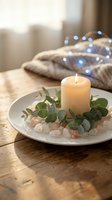 Cozy home interior with burning candle on white plate decorated with eucalyptus leaves and crystals on wooden table with soft blanket and fairy lights.