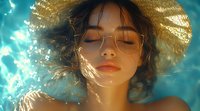 Young Asian woman with closed eyes and serene expression wearing straw hat and glasses in sunlit water, creating dreamy summer atmosphere with golden light effects.