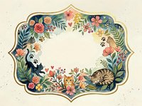 Decorative floral frame with playful cats, roses and botanical elements on cream background for greeting cards, invitations and scrapbooking projects.