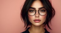 Young Asian woman with black rimmed glasses, dark shoulder-length hair, and full lips poses against pink background. Modern fashion and beauty portrait.