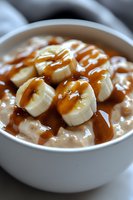 Fresh sliced bananas on creamy yogurt or oatmeal topped with sweet caramel sauce drizzle in white ceramic bowl, close-up view of healthy breakfast.
