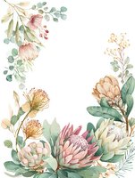 Delicate watercolor protea flowers and eucalyptus leaves arrangement in soft pink, peach and sage green tones on white background, botanical corner composition.