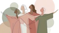 Minimalist line art of diverse women with arms outstretched in unity, featuring soft pastel circles in background for feminine empowerment concept.