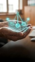 Hand holding glowing network connection hologram with interconnected nodes, representing digital technology, data sharing, and business communication in modern office environment.