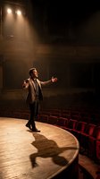 Male actor performing dramatic monologue on empty theater stage with spotlight illumination and red velvet seats in historic playhouse venue.