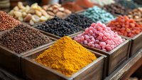 Vibrant spices and dried berries in wooden market boxes, featuring turmeric powder, pink peppercorns, black peppercorns, and assorted dried fruits arranged in rustic display.