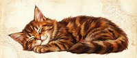 Tabby cat sleeping peacefully on cream background, isolated design element suitable for pet-related projects, greeting cards, and home decor applications.