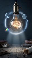 Vintage light bulb with glowing brain filament surrounded by digital icons representing innovation, creativity and business intelligence concepts.