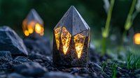 Glowing ceramic lantern house with warm light on dark soil at dusk, creating magical garden atmosphere among green plants and stones. For home decor and holiday design.