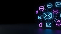 Digital communication icons floating with neon glow effects on dark background for technology and messaging concepts.