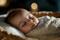 Peaceful sleeping baby wrapped in knitted blanket at sunset, soft natural lighting creates gentle highlights on face, dreamy atmosphere for nursery decor.