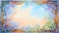 Watercolor frame border with floral ornaments and decorative elements on pastel rainbow background for invitations, cards and artistic projects.