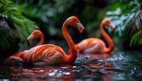Vibrant coral flamingos wading in dark tropical waters surrounded by lush green foliage, creating dramatic contrast in natural habitat setting.