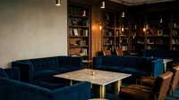Elegant dark blue velvet sofas in sophisticated library lounge with wooden bookshelves and warm pendant lighting for luxury interior design concepts.