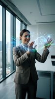 Professional businesswoman interacting with futuristic holographic interface technology in modern office environment for digital innovation concepts.