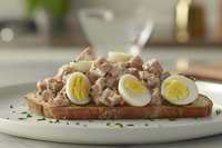 Open-faced sandwich with tuna salad and sliced hard-boiled eggs on whole grain bread, garnished with fresh herbs on white plate in modern kitchen setting.