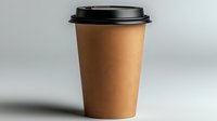 Blank brown paper coffee cup with black lid on light background, mockup for branding and logo design. Isolated disposable takeaway container.