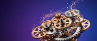 Mechanical gears and cogs with sparks flying on purple gradient background. Industrial machinery parts in motion with dynamic energy effects.
