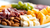 Appetizer platter with assorted cheese cubes, cured meats, almonds, and fresh fruits arranged on white plate, selective focus on foreground elements.