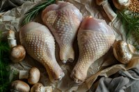 Raw chicken legs with mushrooms and rosemary on crumpled kraft paper background, fresh ingredients for cooking healthy meal, top view food photography.
