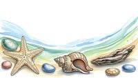 Watercolor seashells starfish and ocean waves border design for summer beach themed projects and coastal decorations.