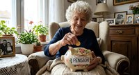 Cheerful elderly Caucasian woman sitting in armchair holding piggy bank labeled pension, smiling in cozy living room with family photos and plants.