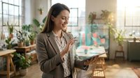 Young woman with dark hair and olive complexion, wearing a brown blazer and patterned blouse, holding a tablet in a bright office surrounded by potted plants and natural light from large windows.