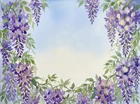 Watercolor wisteria flowers frame with purple blooms and green leaves on soft gradient background for spring wedding invitations and floral designs.