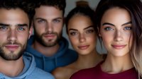 Diverse group of young multiethnic models with natural makeup and casual clothing posing together against blue background for lifestyle and beauty campaign.