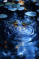 Two frogs in moonlit pond water with lily pads and glowing fireflies creating magical ripples and heart-shaped reflections in dark blue mystical atmosphere.