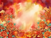 Festive red and gold ornamental border with blooming flowers, lanterns, and decorative elements on warm gradient background. Suitable for holiday cards, invitations, and celebration designs.