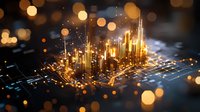 Glowing golden cityscape rising from circuit board with luminous bokeh effects, representing digital transformation and technological advancement in urban development.