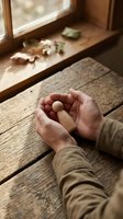 Hands holding wooden acorn on rustic table by window with natural light for mindfulness meditation and nature connection concepts.