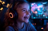 Joyful young girl wearing illuminated gaming headphones laughs while playing video games, captured in vibrant neon lighting with bokeh background effects.