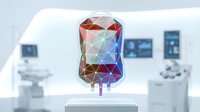 Geometric polygonal blood bag with colorful triangular facets floating in modern medical laboratory environment for healthcare technology concepts.