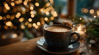 Warm cup of hot chocolate with marshmallows on wooden table with Christmas tree lights bokeh background creating cozy holiday atmosphere.