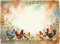 Vintage farmyard scene with roosters, hens, and chicks surrounded by ornate golden frame and watercolor splashes, perfect for rustic home decor and farm-themed designs.