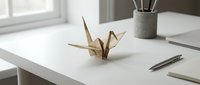 Minimalist workspace with golden origami crane on white desk, pen holder and stationery creating peaceful office environment for productivity and creativity.