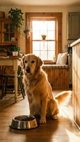 Golden retriever dog sitting in cozy rustic kitchen with food bowl, warm sunlight streaming through window, wooden cabinets and homey atmosphere.